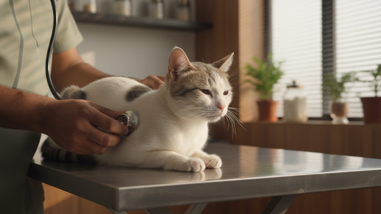 A calm cat being gently examined on the consultation table