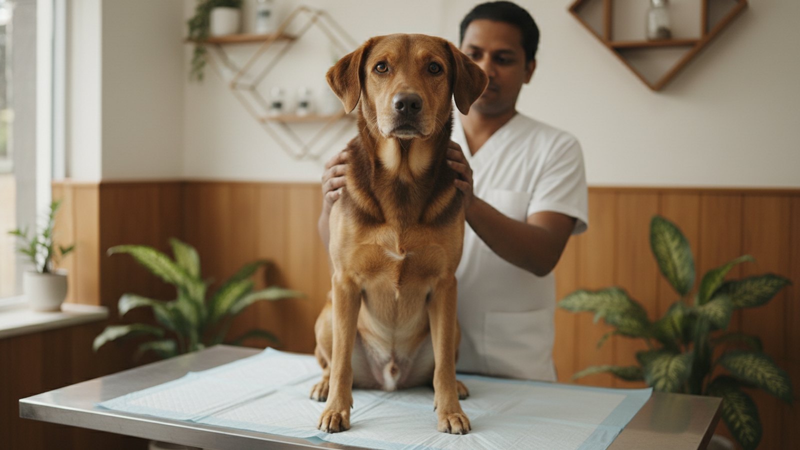 A dog steady on the examination table during a routine consult