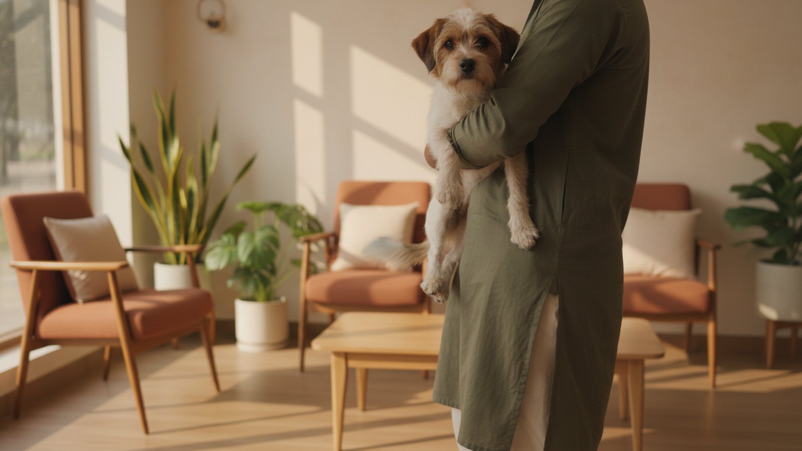A pet parent holding their dog in the warm waiting area