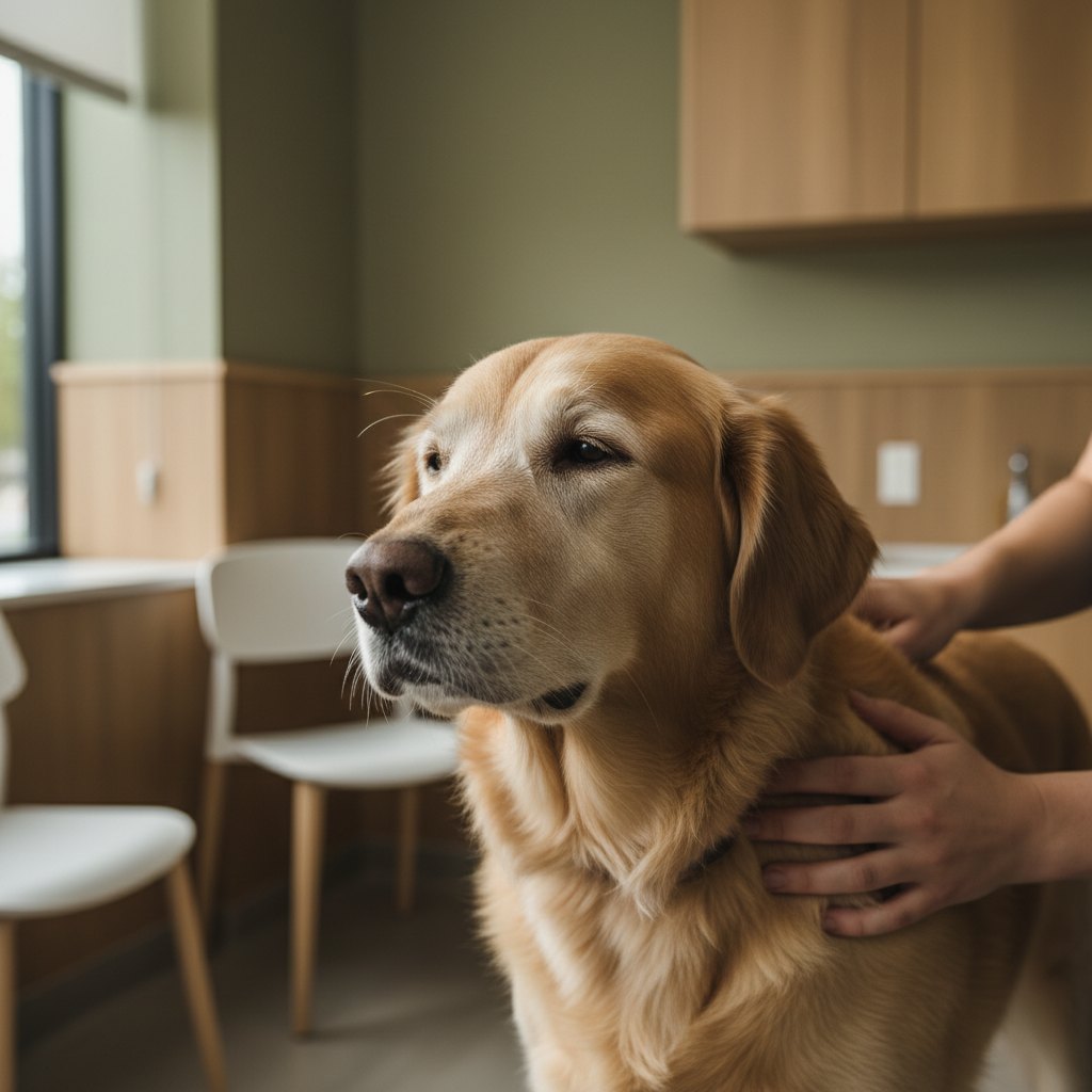 A senior dog being gently examined with calm reassurance