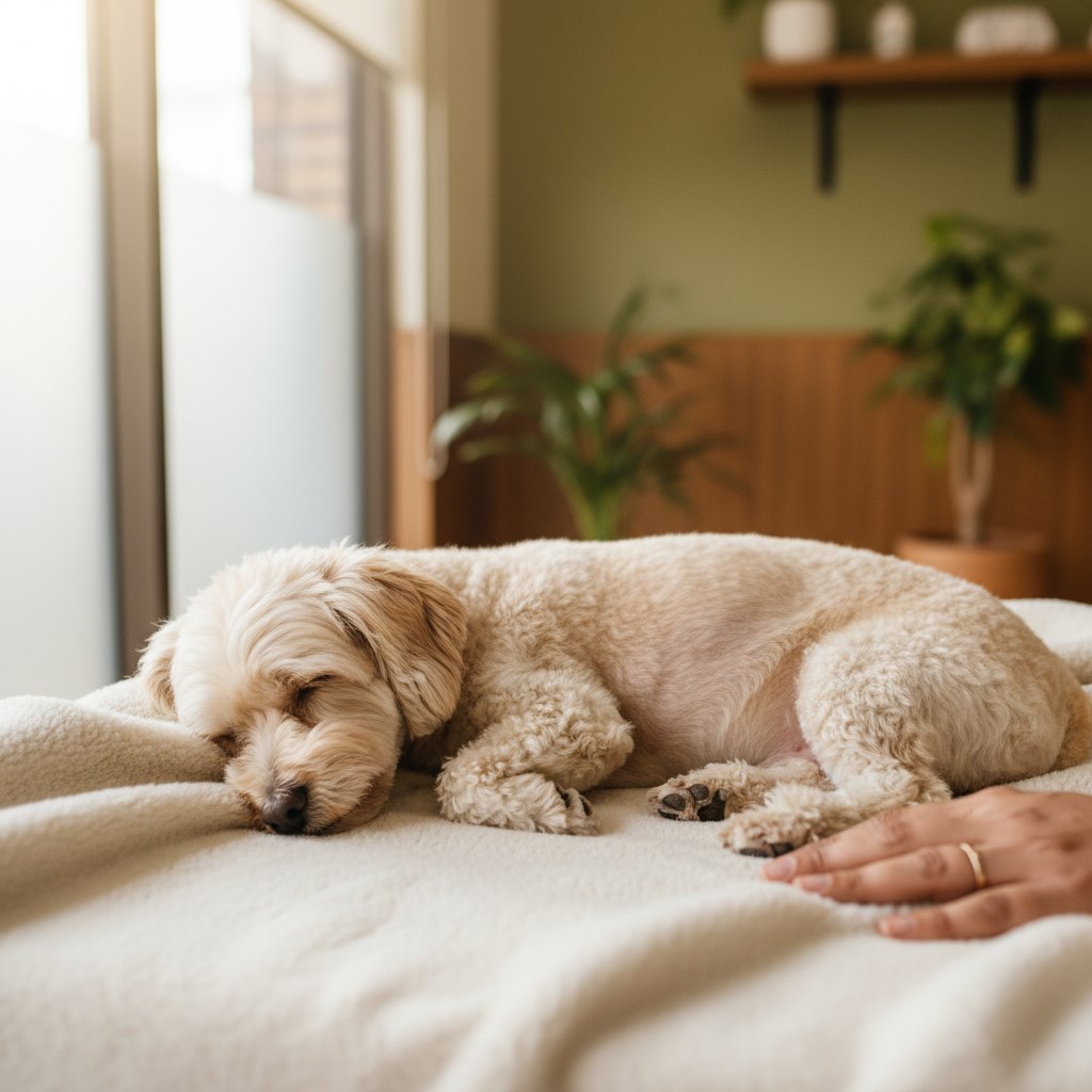 A small dog resting peacefully in the recovery area after surgery