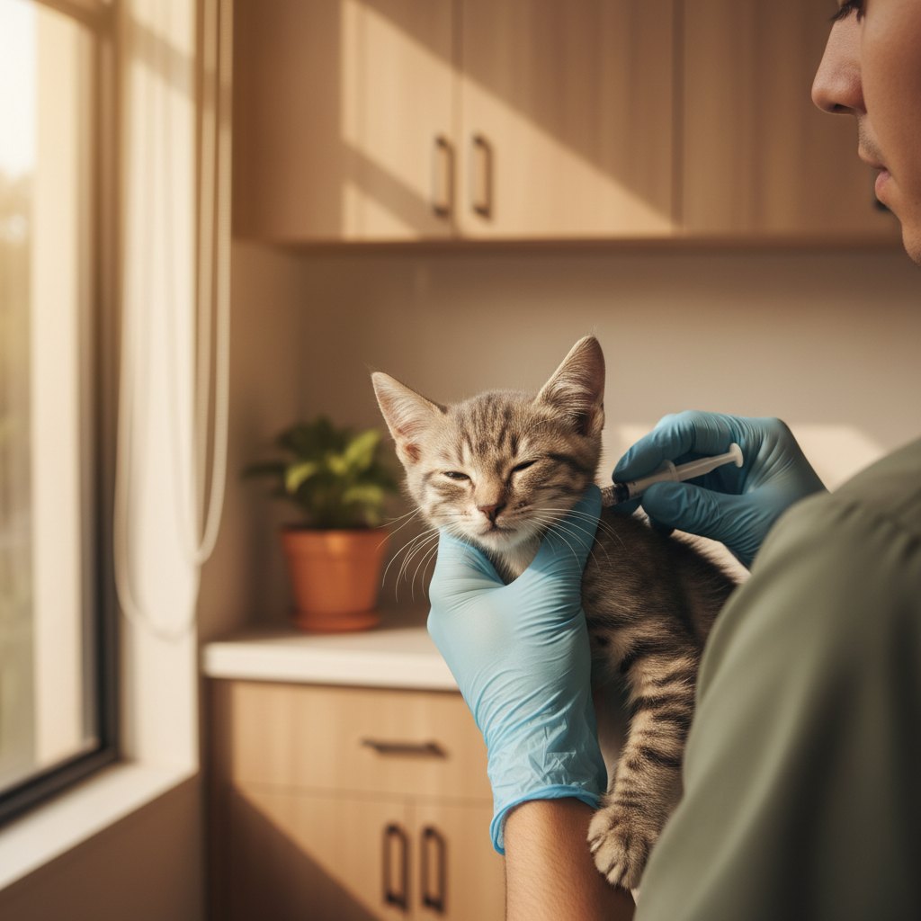 A kitten receiving a routine vaccination in a calm clinical setting